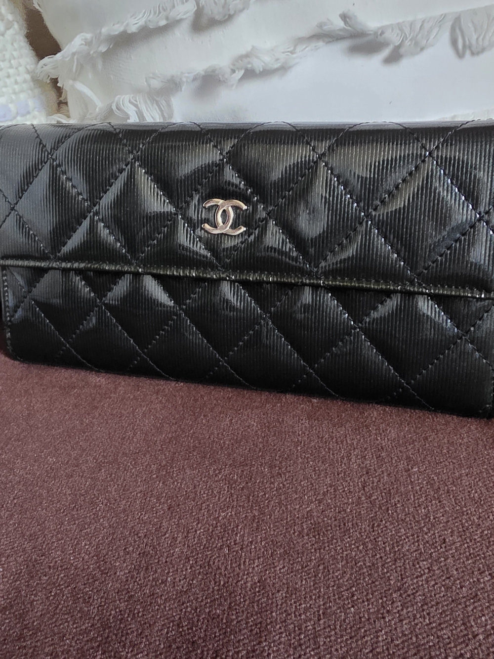 Chanel Black Quilted Paten Leather Wallet Silver Hardware
